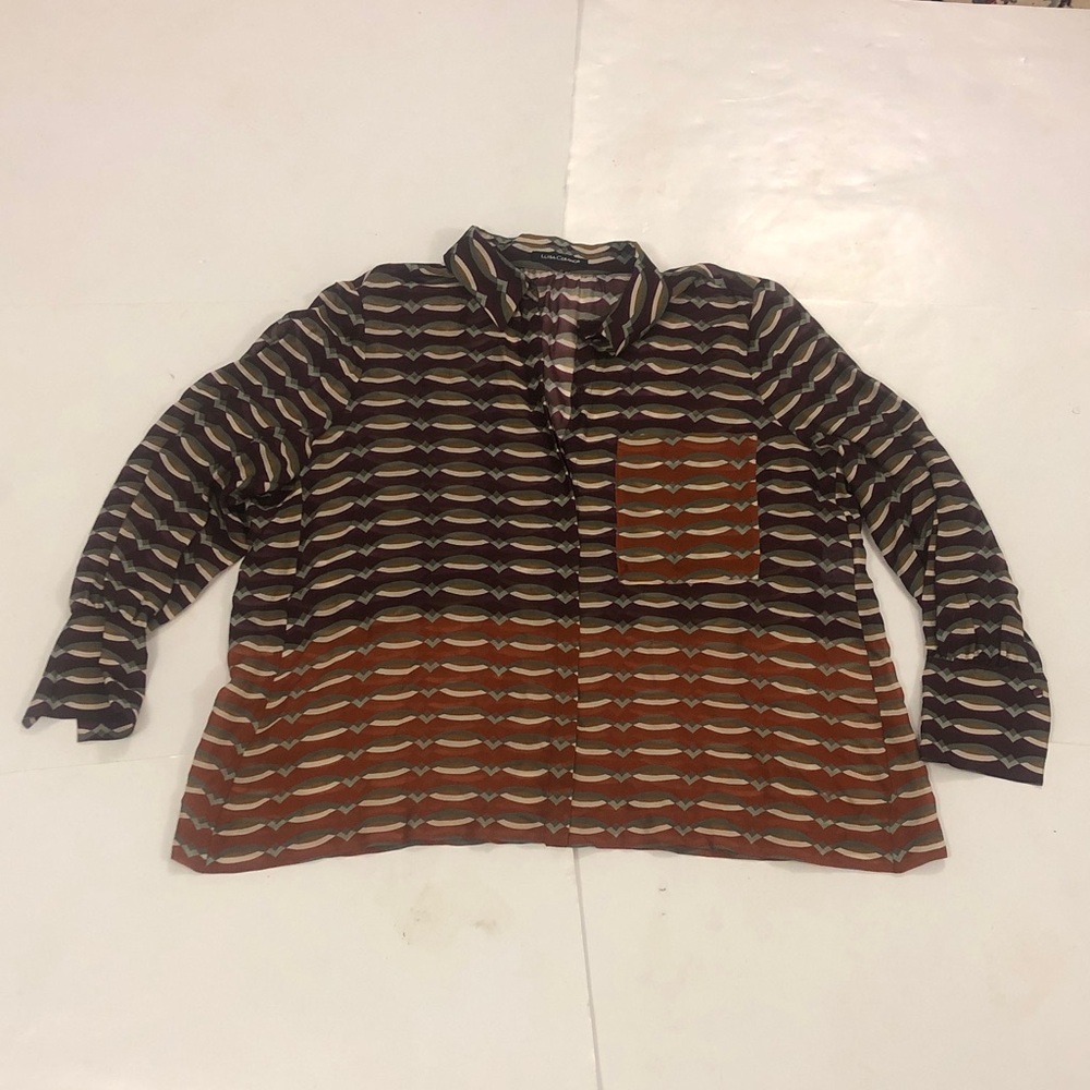 Luisa Cerano 16 Blouse Burgundy Orange Multi Color Pattern Long Sleeve Excellent